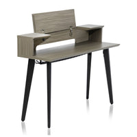 Wooden desk with black legs on a white background