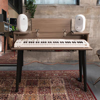 Keyboard on a stand with speakers in a room with a textured wall and patterned rug.