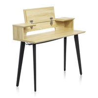 Wooden desk with black legs on a white background
