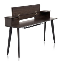 Dark wood keyboard stand with a keyboard on a white background