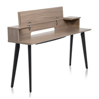 Wooden desk with black legs on a white background