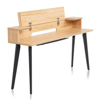 Wooden bench with black legs on a white background
