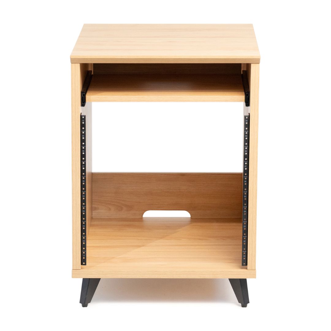 Wooden side table with metal brackets on a white background
