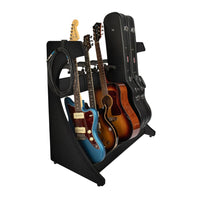 Guitar stand holding multiple guitars and cases on a white background