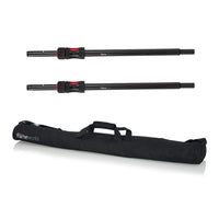 Two black speaker poles with red accents and a carrying case on a white background.