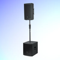 Black speaker on a stand against a gradient blue and white background