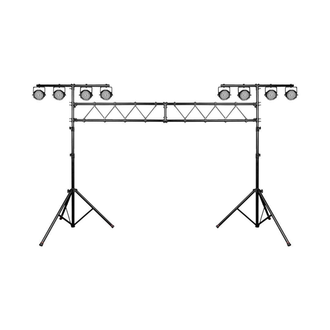 Two stage light truss stands with spotlights on a white background