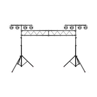 Two stage light truss stands with spotlights on a white background