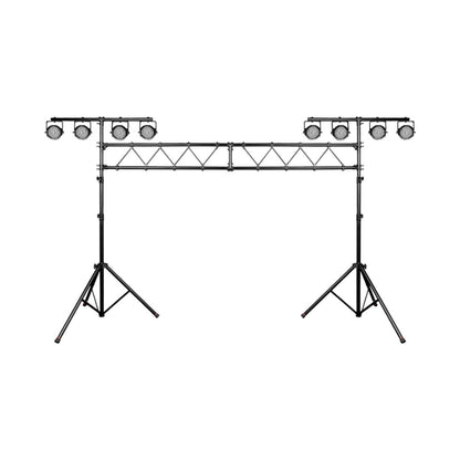 Two stage light truss stands with spotlights on a white background