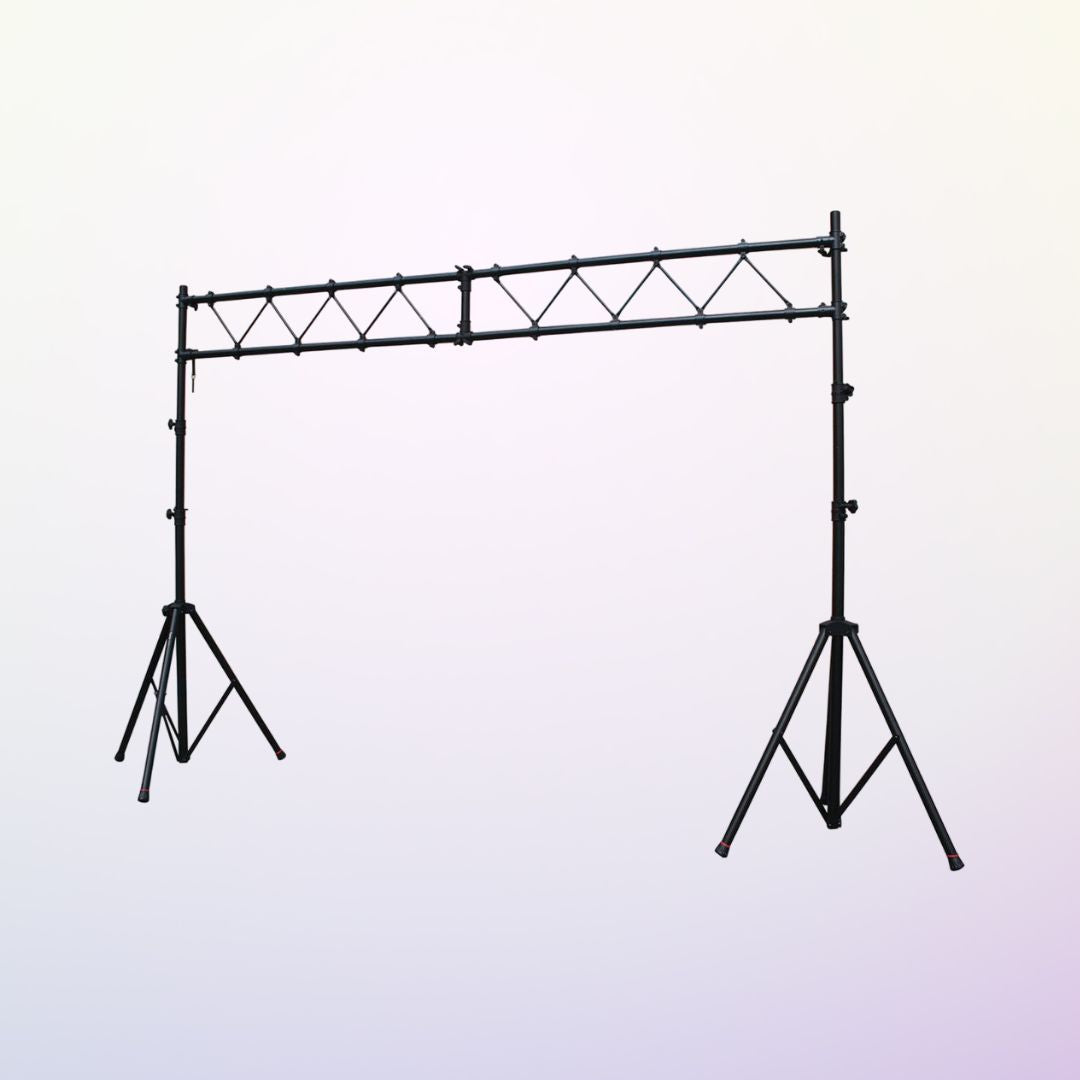 Black truss lighting stand on a light purple background