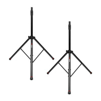 Two black adjustable tripod stands on a white background