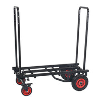 Black hand truck with red wheels on a white background