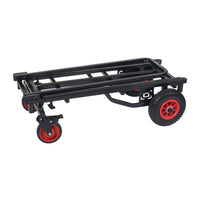 Black utility cart with red wheels on a white background