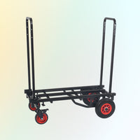 Black hand truck with red wheels on a gradient background