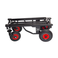 Black utility cart with red wheels on a white background