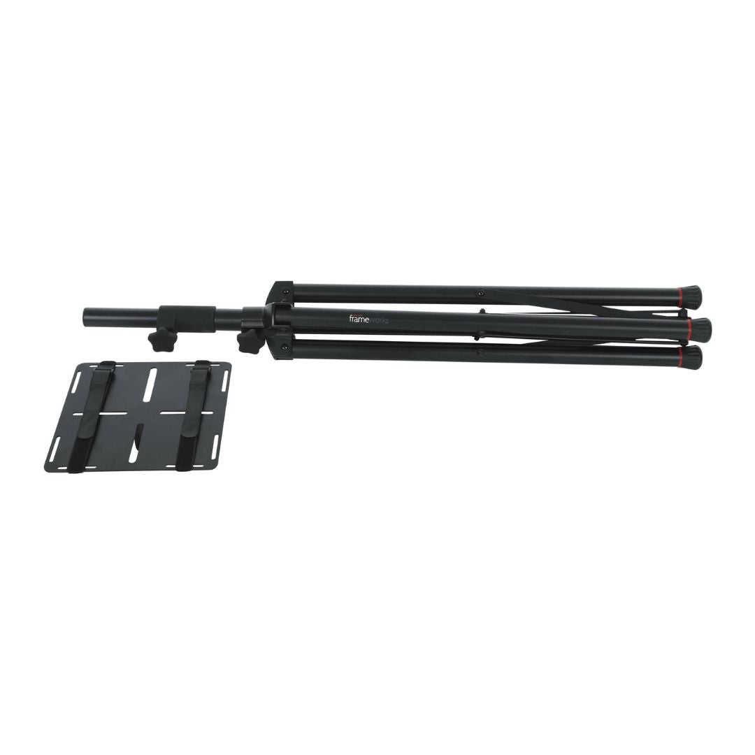Black adjustable stand with a plate on a white background