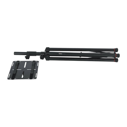 Black adjustable stand with a plate on a white background