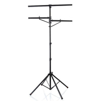 Black adjustable tripod stand on a white background