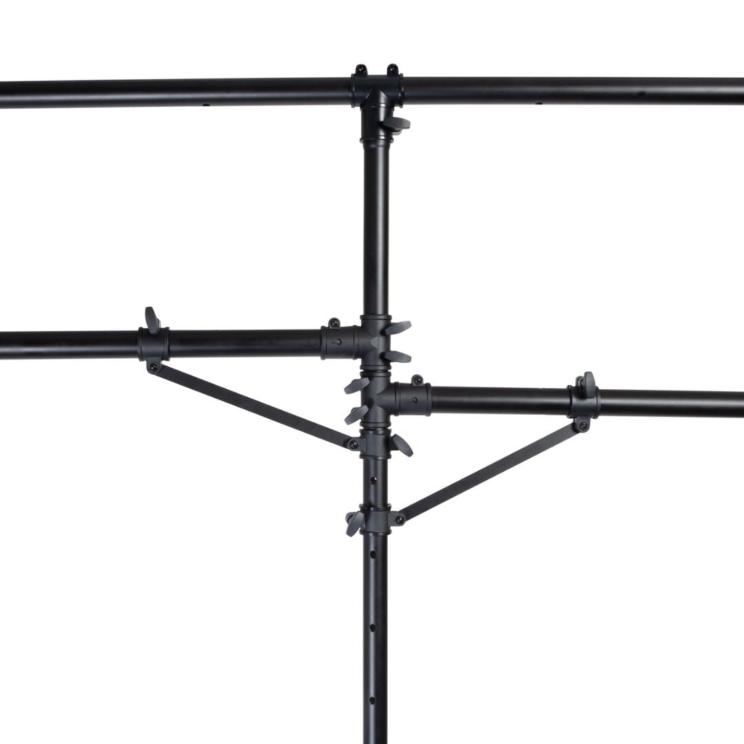 Black metal scaffolding structure on a white background