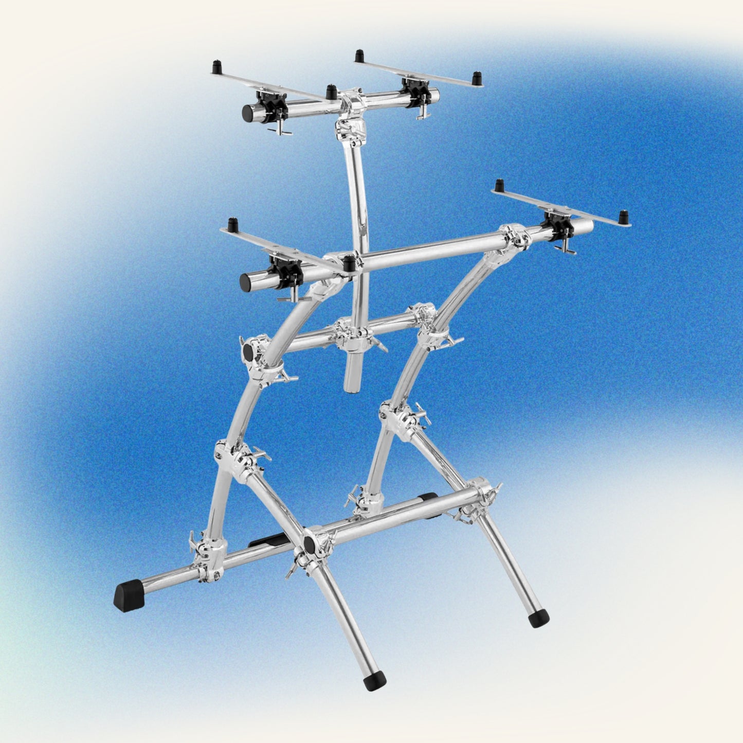 Angled view of Gibraltar 88-Key Double KeyTree Dual Tier Keyboard Stand on Blue Background