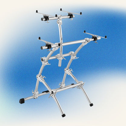 Angled view of Gibraltar 88-Key Double KeyTree Dual Tier Keyboard Stand on Blue Background