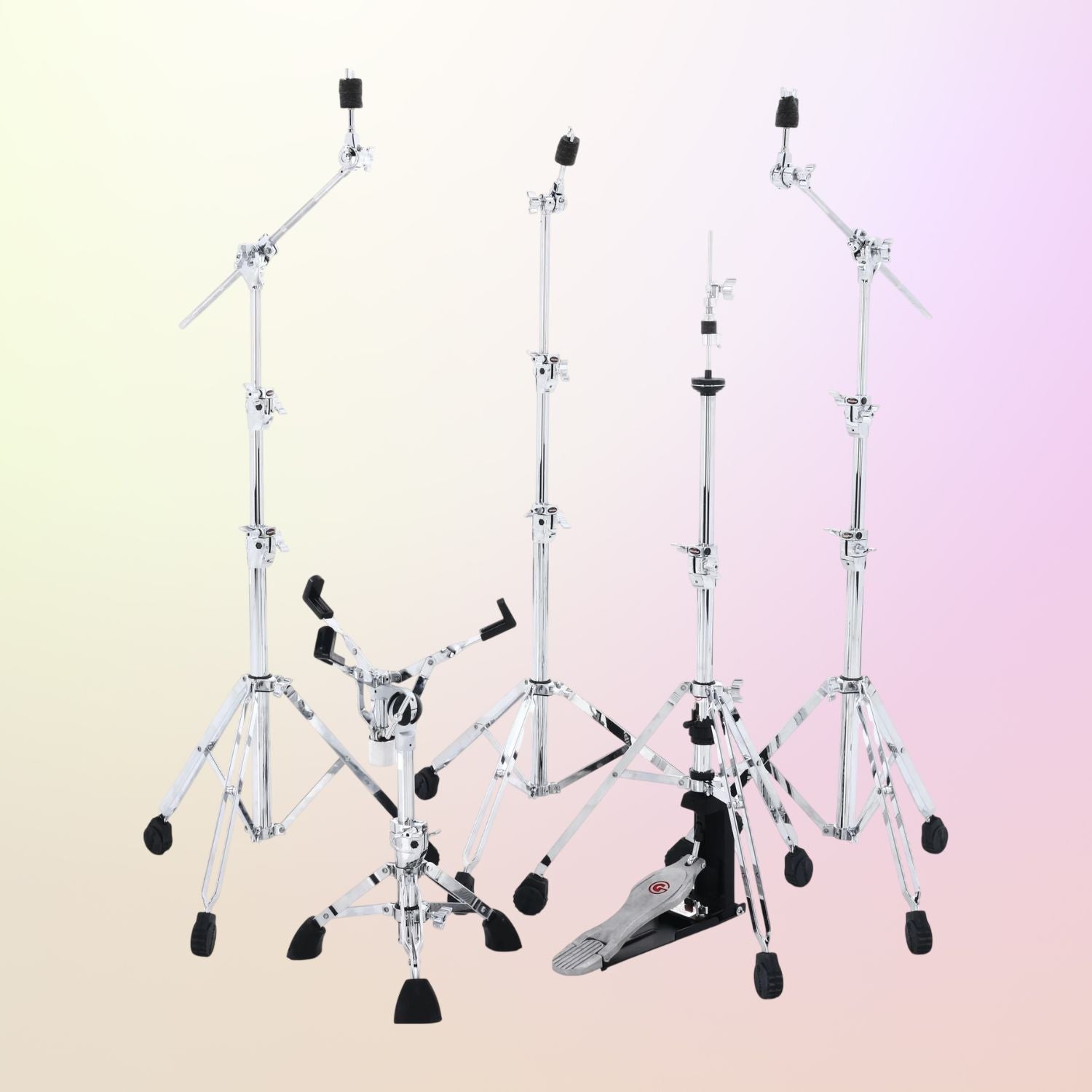 Inclusions of Gibraltar 9701PK 9000 Series Drum Hardware Pack on yellow and pink gradient background