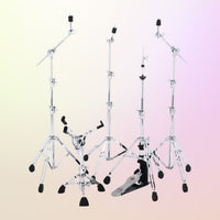 Inclusions of Gibraltar 9701PK 9000 Series Drum Hardware Pack on yellow and pink gradient background