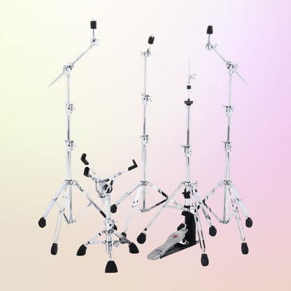Inclusions of Gibraltar 9701PK 9000 Series Drum Hardware Pack on yellow and pink gradient background
