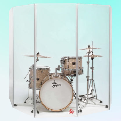Front view of Gibraltar GDS-5 Acrylic Drum Kit Acoustic Shield with drum kit behind it on blue background