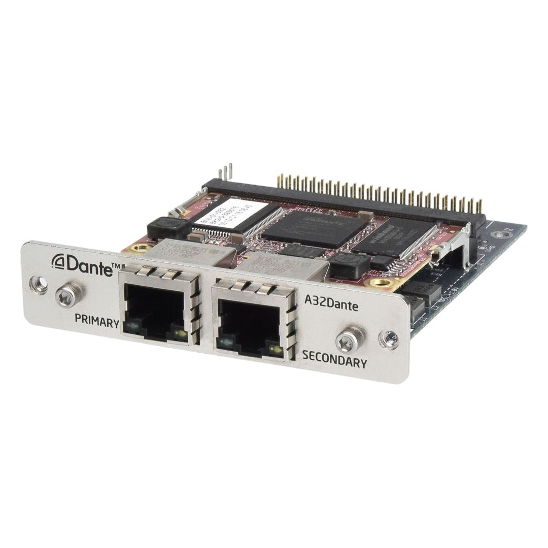 Angled front view of Grace Design 32-Channel Dante Option for m908 on white background