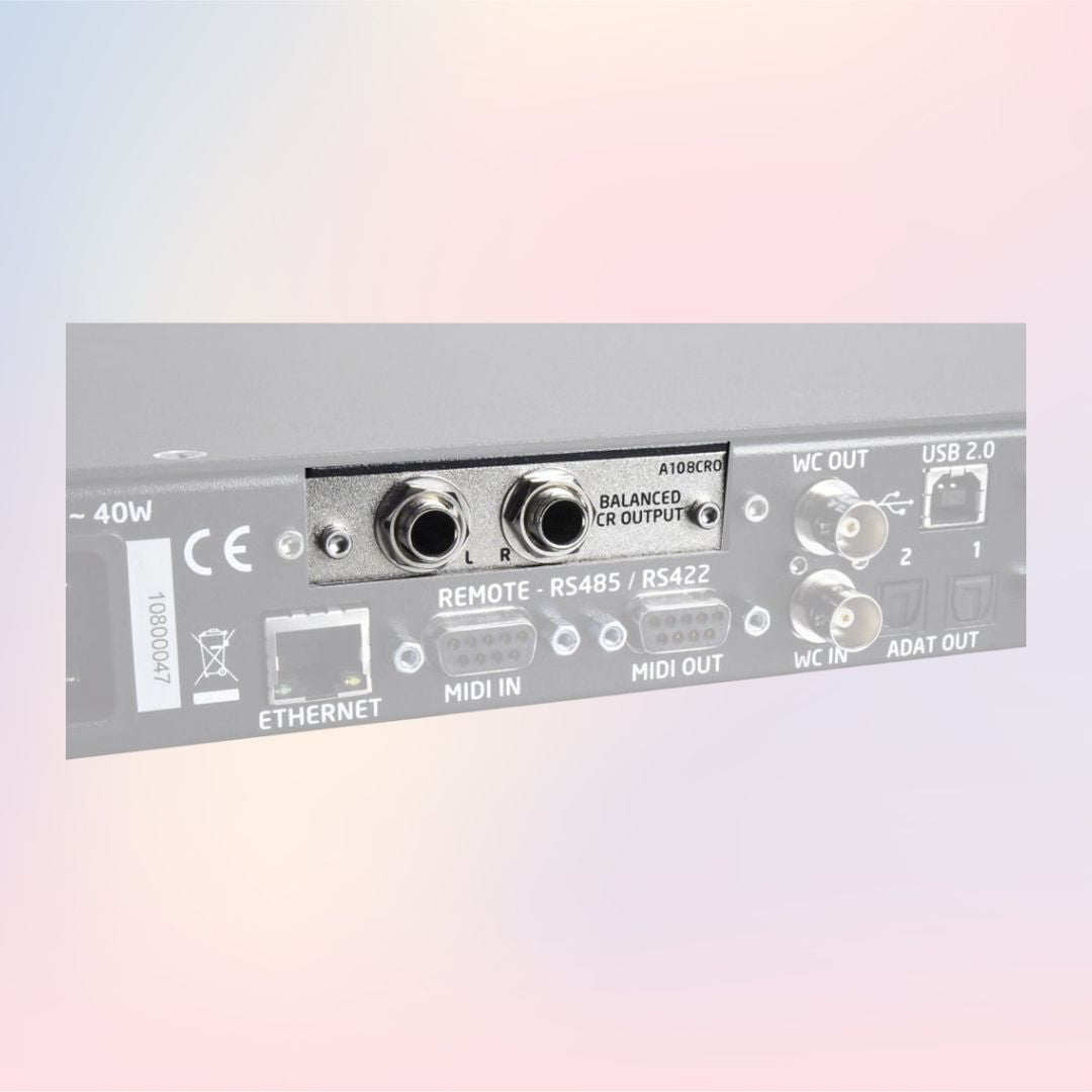 Angled view of Grace Design CR Output Option for m108 on pink and purple background