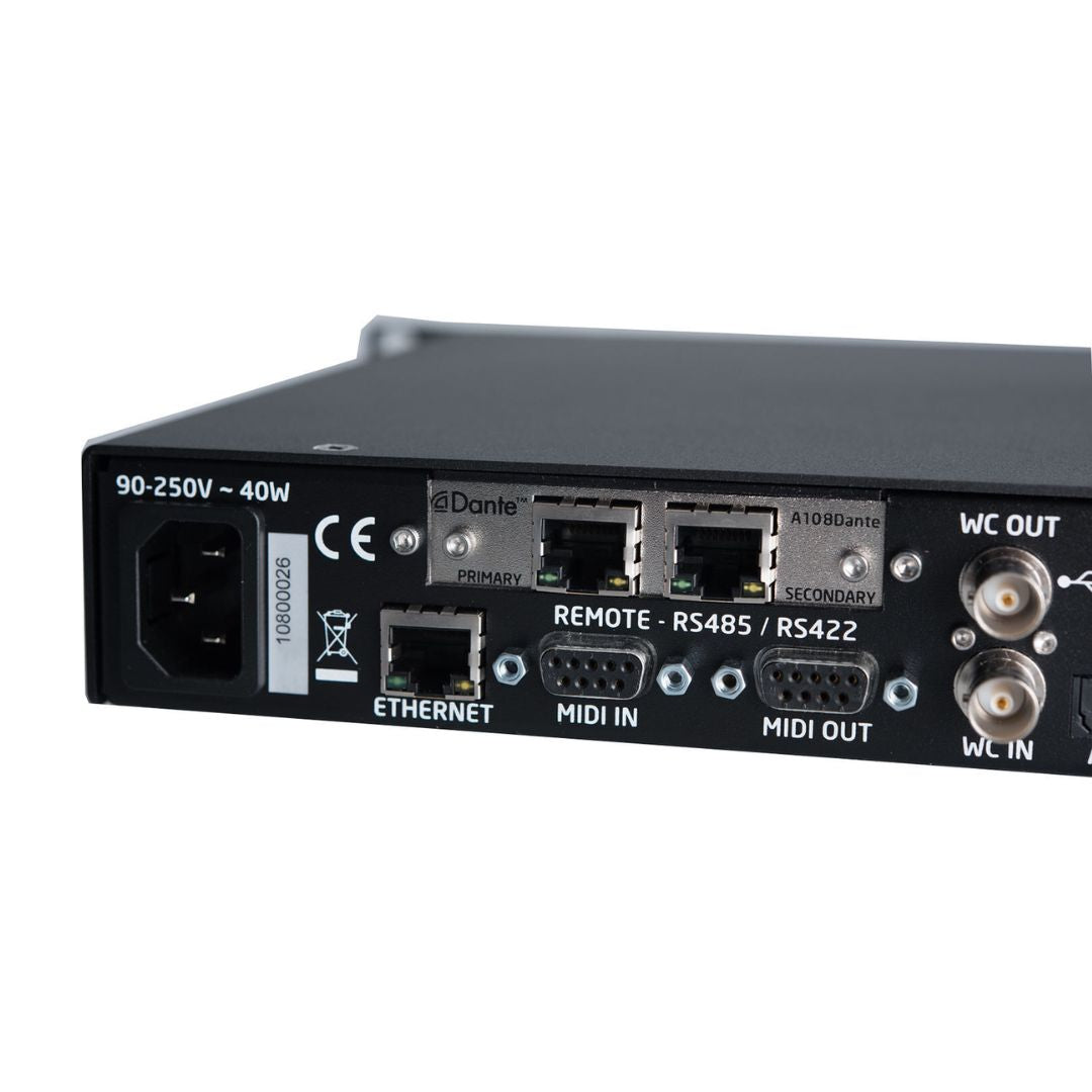 Rear view of Grace Design m108 interface with the Grace Design Dante Option Module for m108 installed on white background