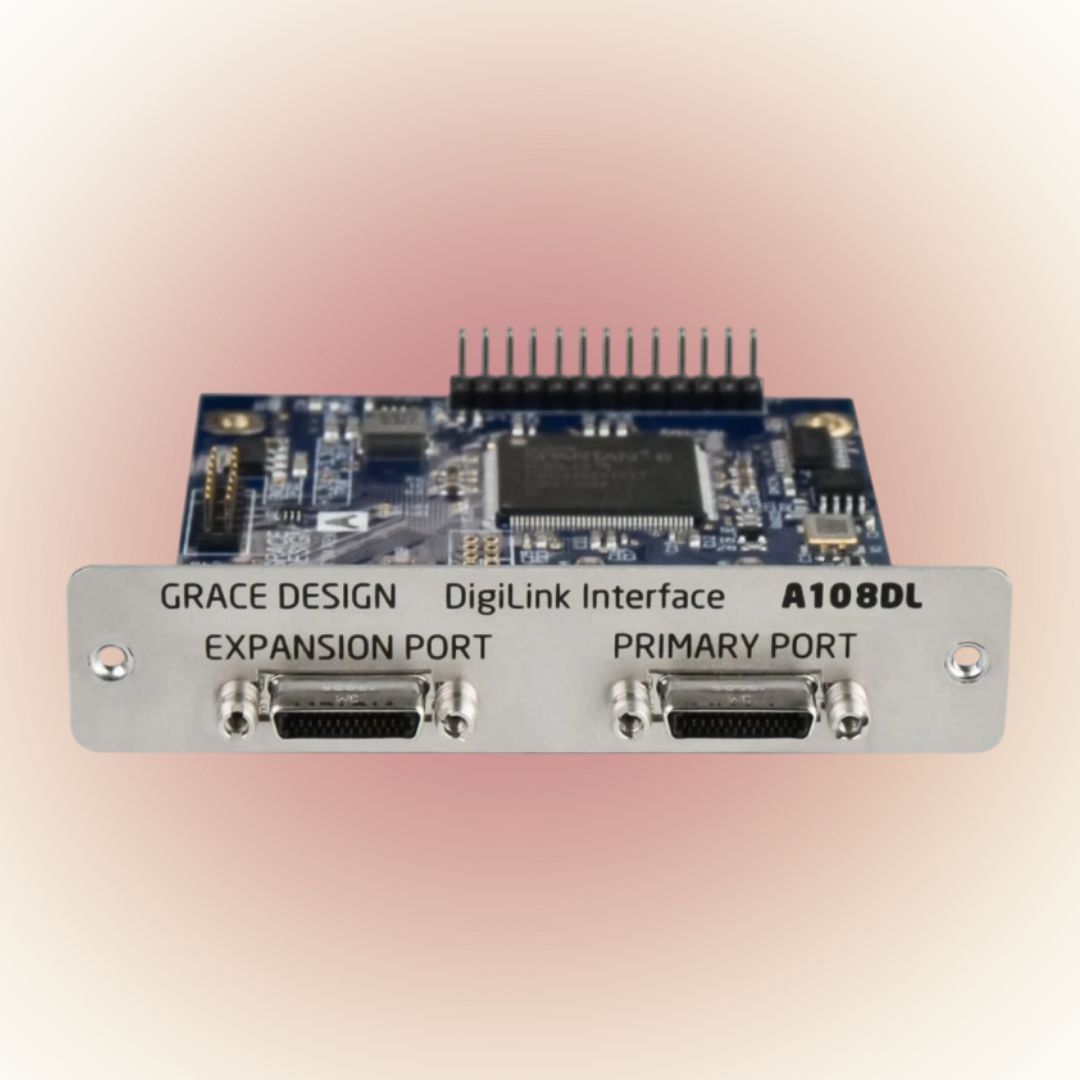 Front view of Grace Design DigiLink Option for m108 on red burst background