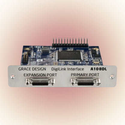 Front view of Grace Design DigiLink Option for m108 on red burst background