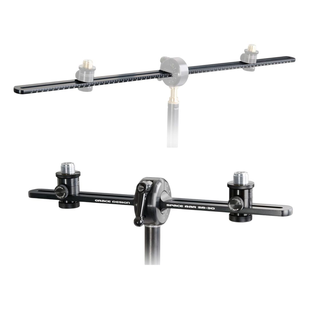 Angled front view of the Grace Design SB-30/66 Spacebar Stereo Microphone Mounting Kit on white background