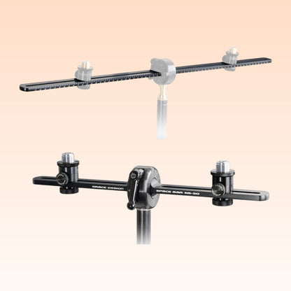 Angled front view of the Grace Design SB-30/66 Spacebar Stereo Microphone Mounting Kit on orange background