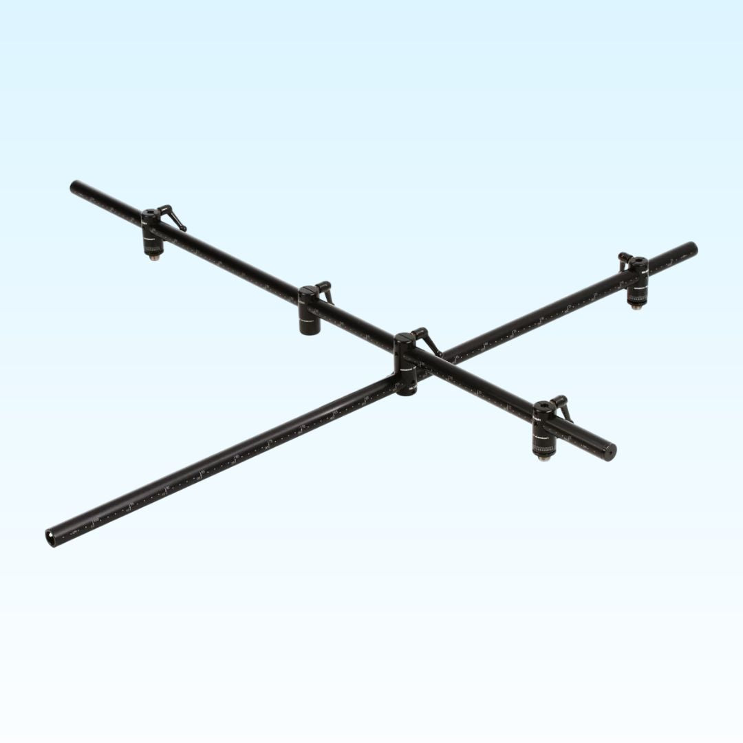 Black metal crossbar with adjustable joints on a light blue background