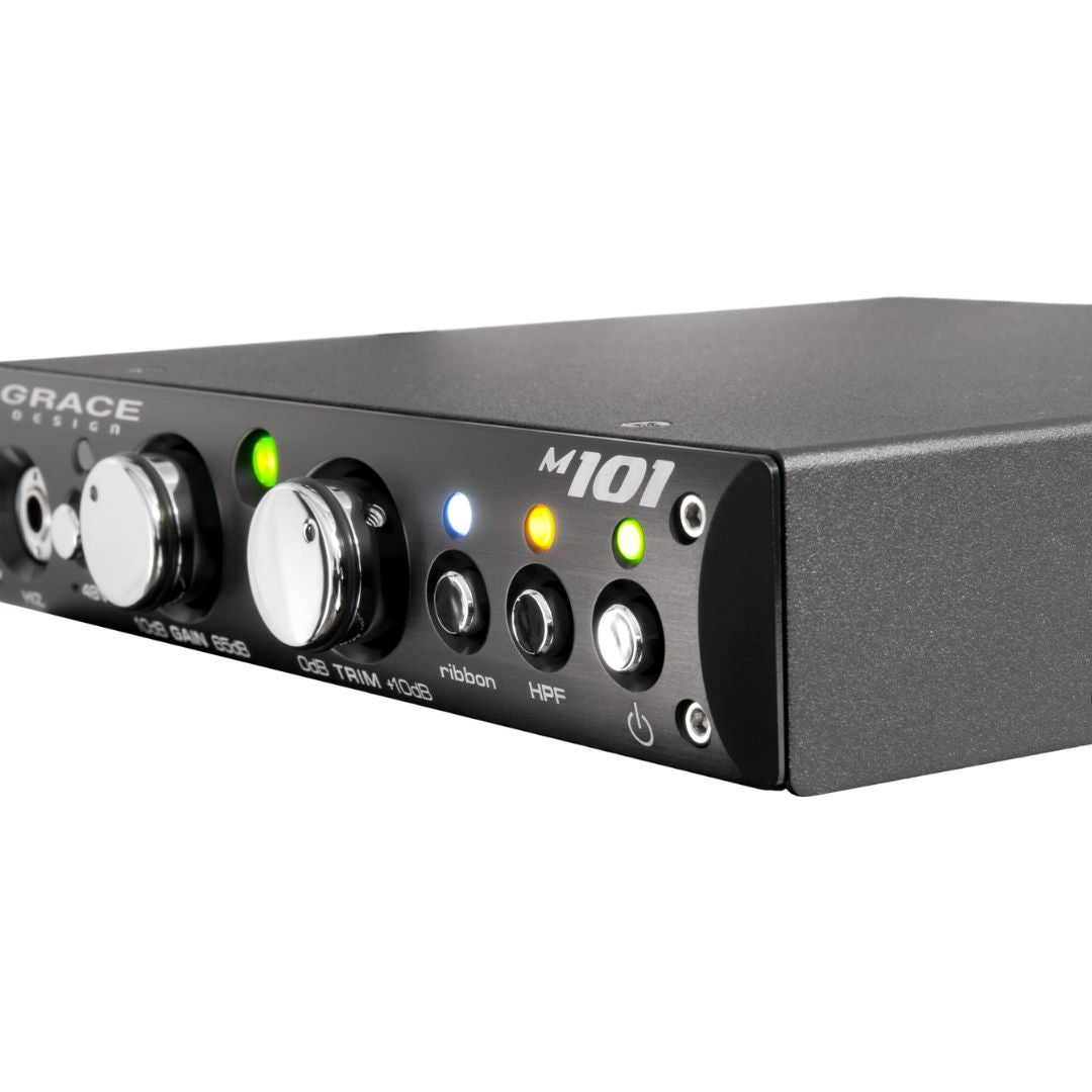 Side view of Grace Design m101 Single Channel Mic Preamplifier on white background
