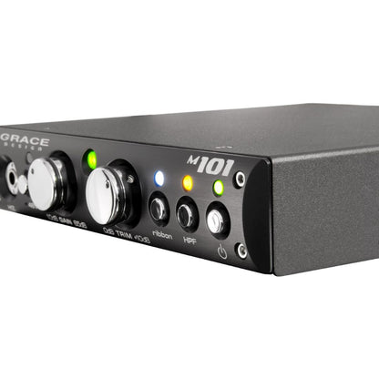 Side view of Grace Design m101 Single Channel Mic Preamplifier on white background