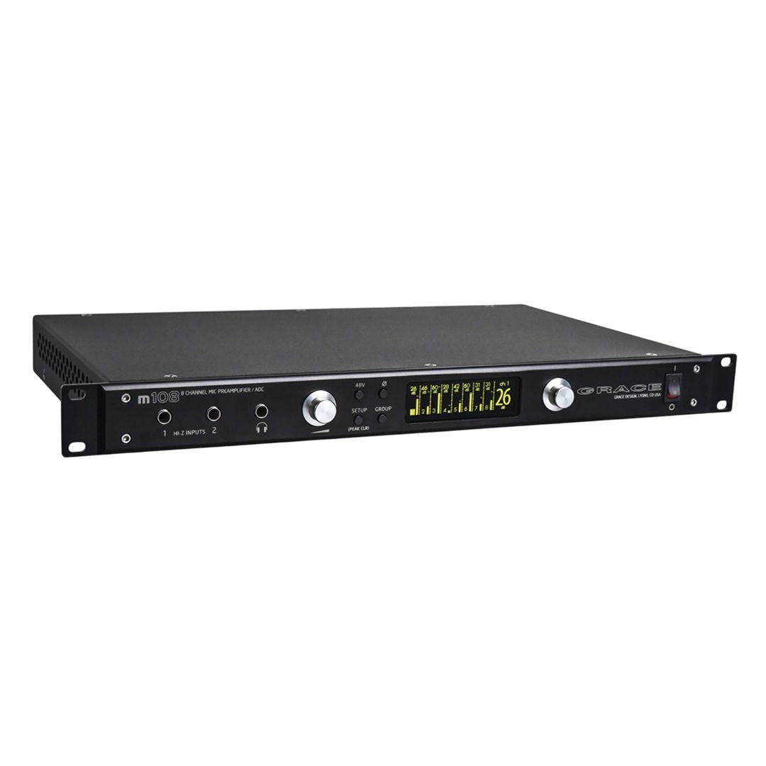 Angled front view of Grace Design m108 8-Channel Remote-Controlled Microphone Preamp on white background