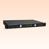 Angled front view of Grace Design m108 8-Channel Remote-Controlled Microphone Preamp on orange background