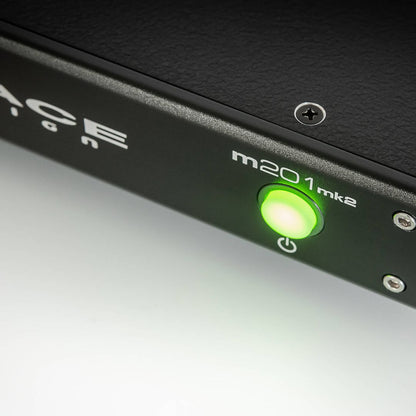 Close up view of Grace Design m201mk2 2-Channel Microphone Preamp on grey surface