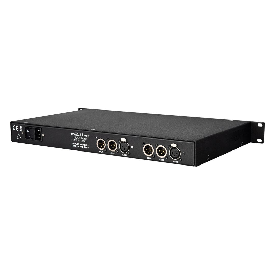 Angled rear view of Grace Design m201mk2 2-Channel Microphone Preamp on white background