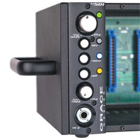 Front view of Grace Design m501 Microphone Preamp inserted in rack on white background