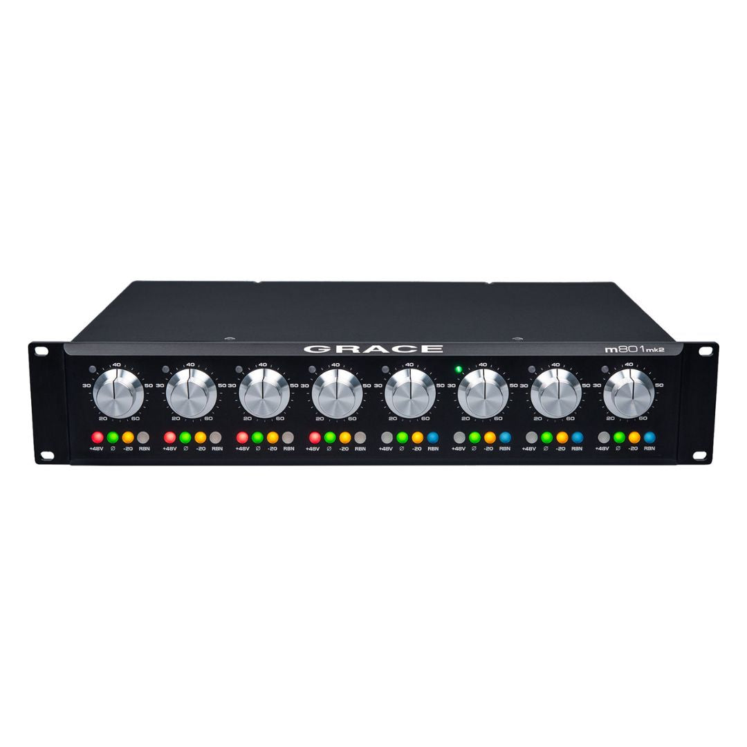 Front view of Grace Design m801mk2 8-Channel Microphone Preamp on white background