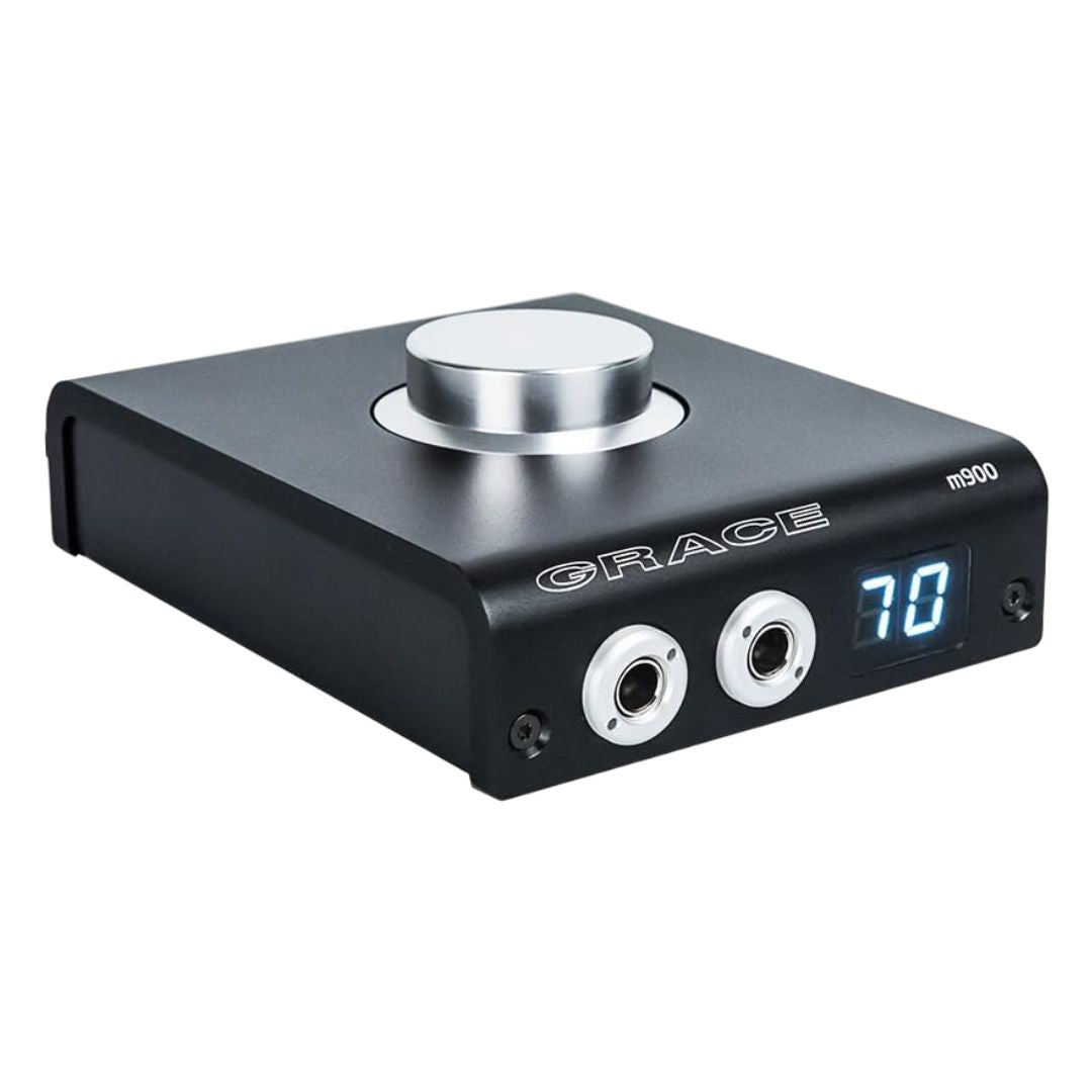 Angled front view of Grace Design m900 DAC Headphone Amplifier on white background