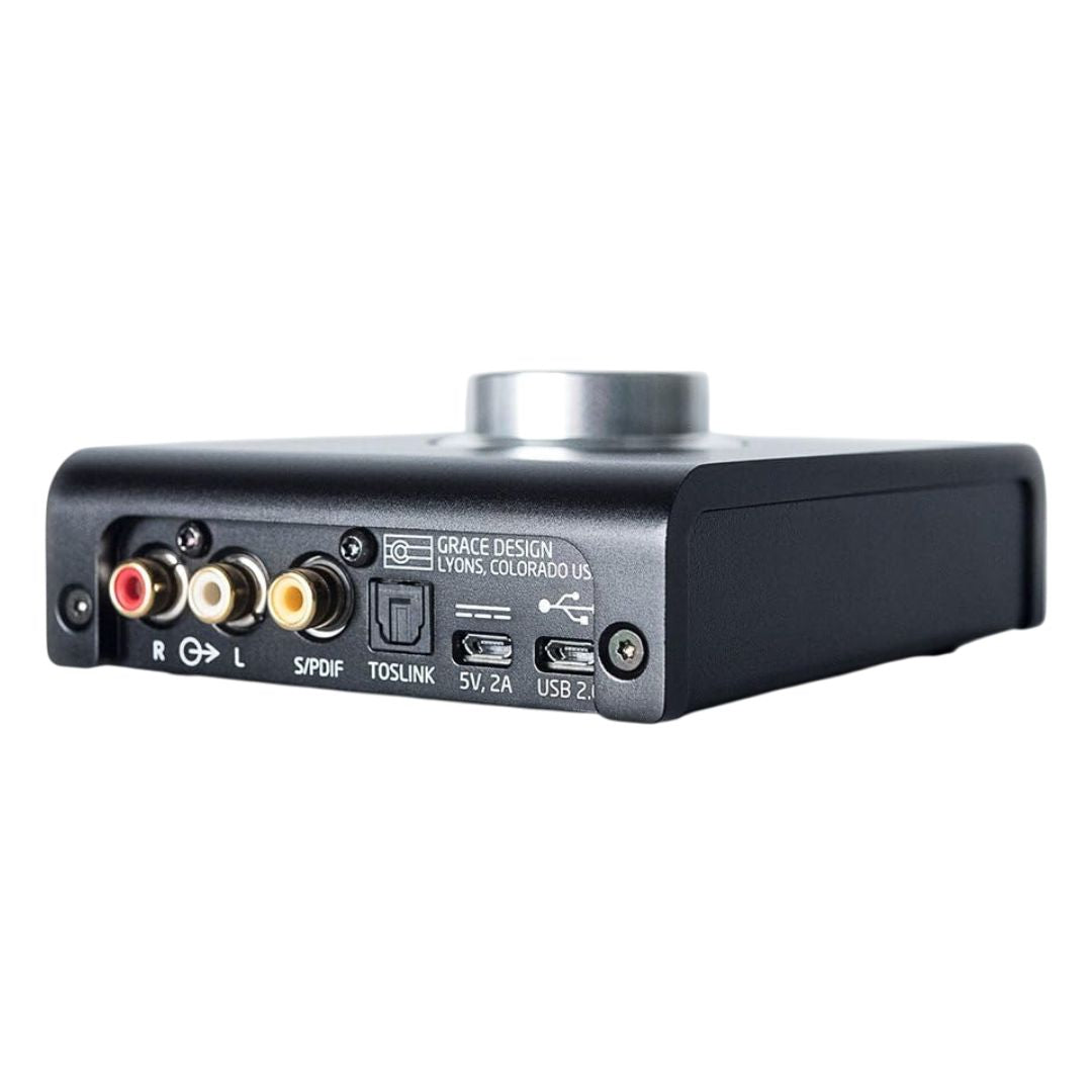 Angled rear view of Grace Design m900 DAC Headphone Amplifier on white background