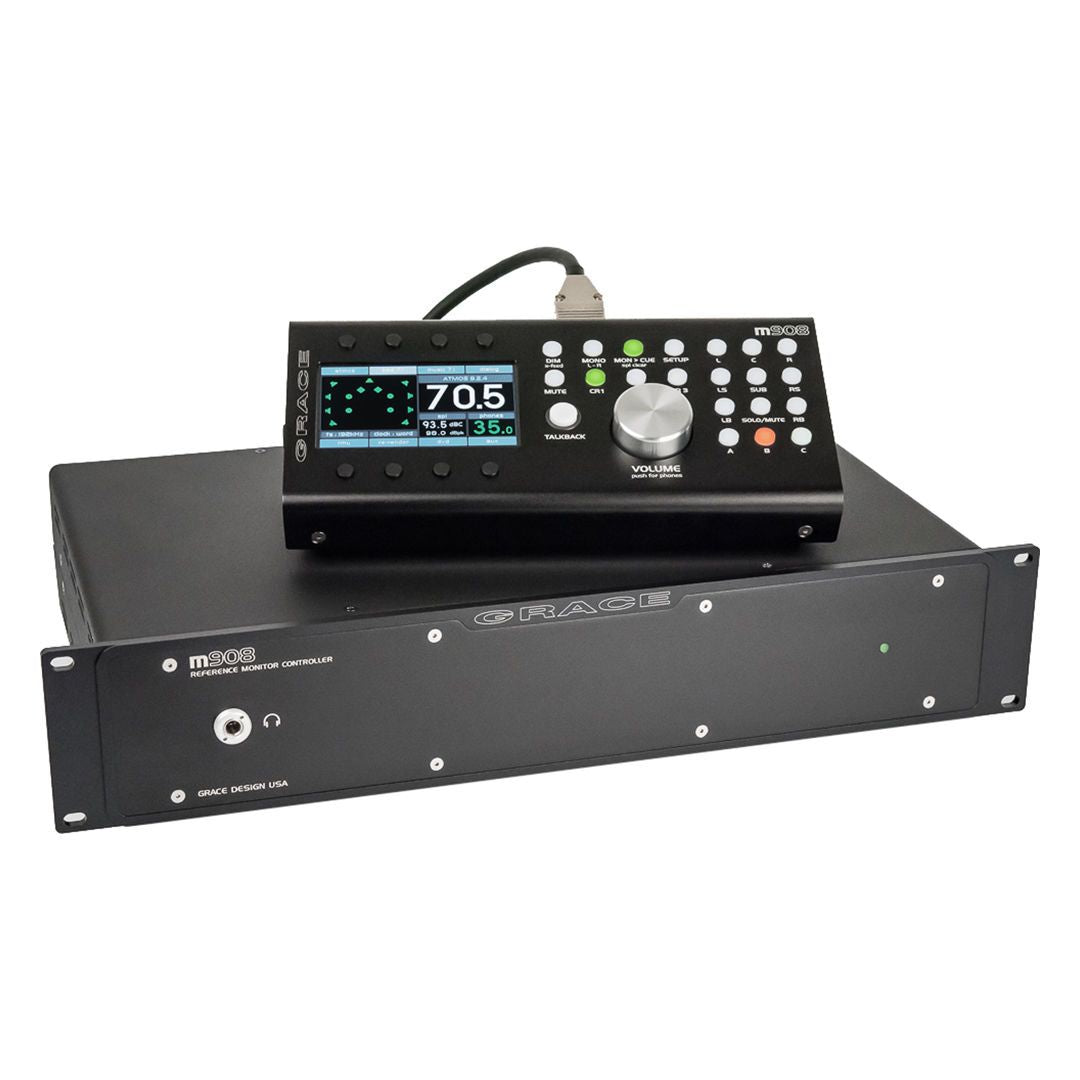 Angled front view of Grace Design m908 Immersive Reference Monitor Controller on white background