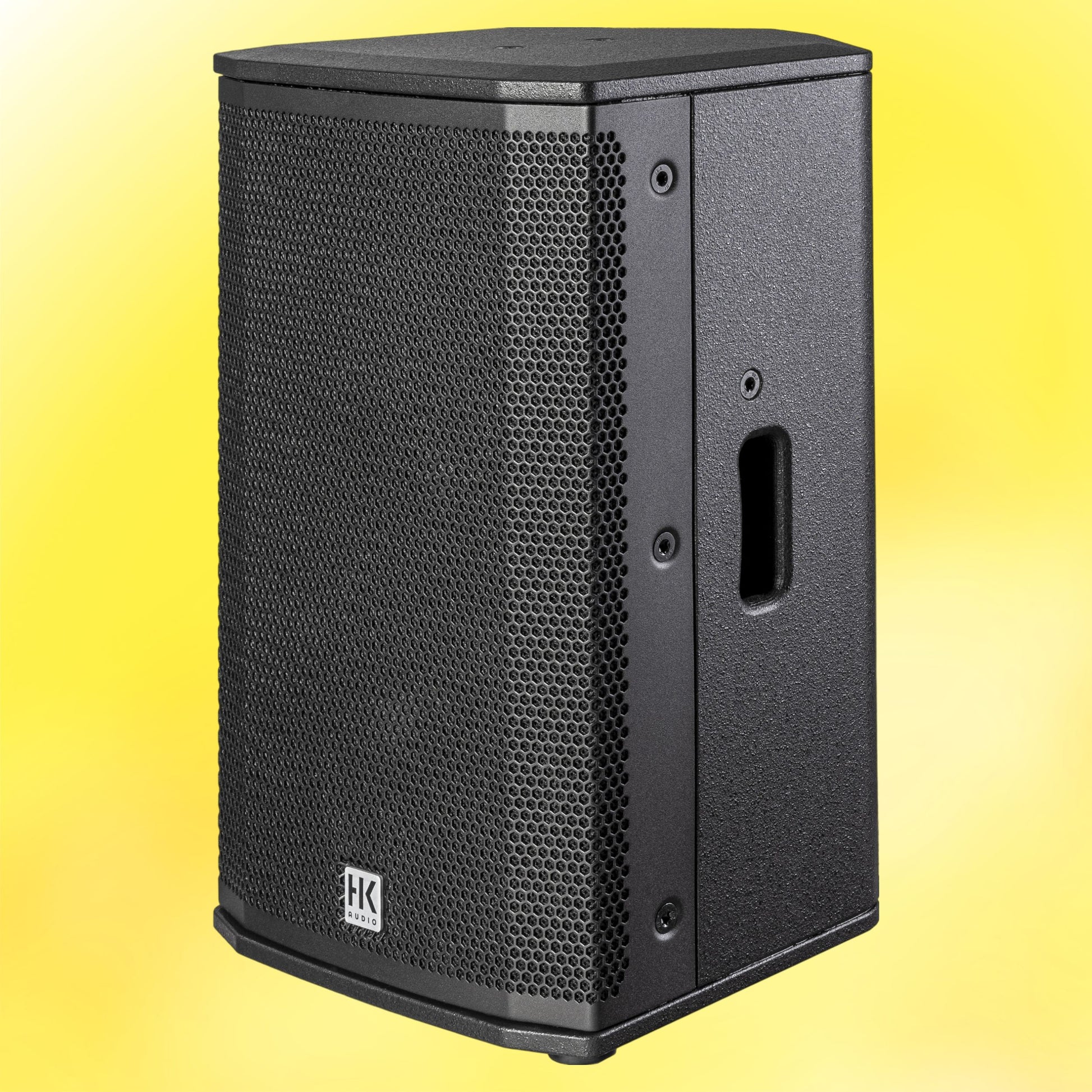 Angled view of HK Audio LUNAR 110 XA Speaker on yellow background