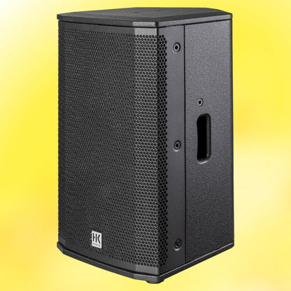 Angled view of HK Audio LUNAR 110 XA Speaker on yellow background
